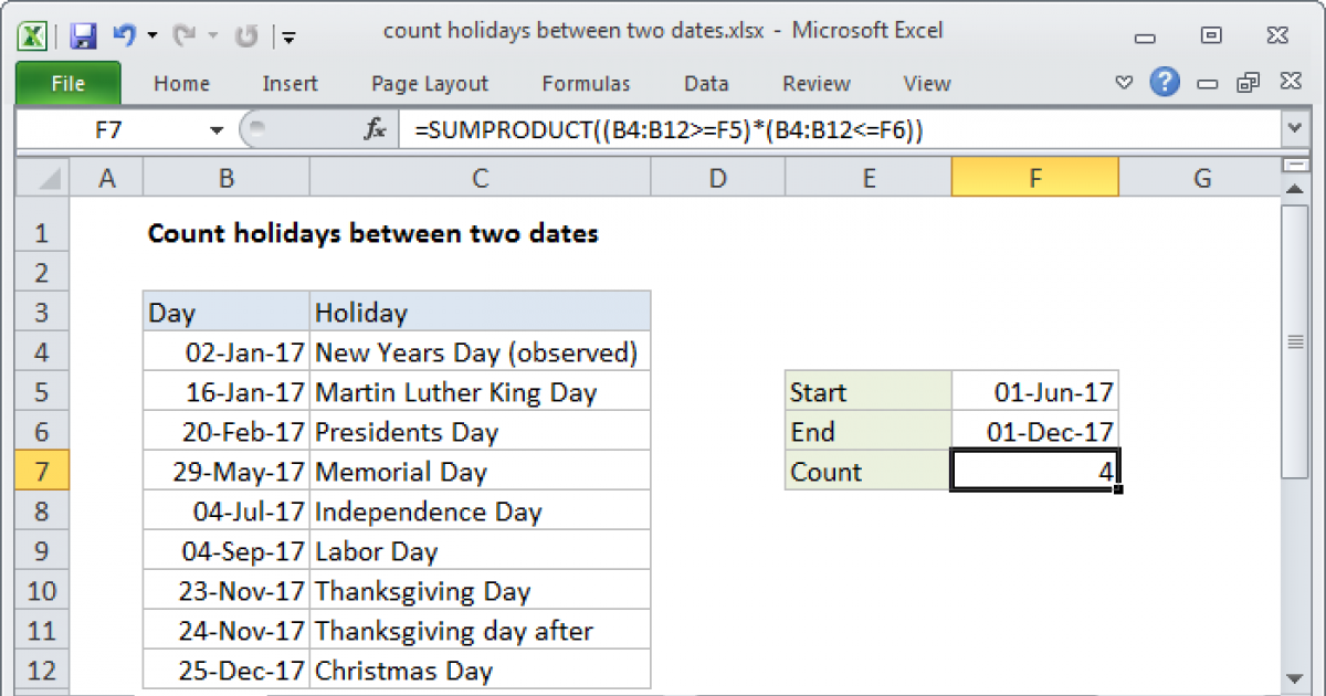 How To Count Number Of Holidays In Excel